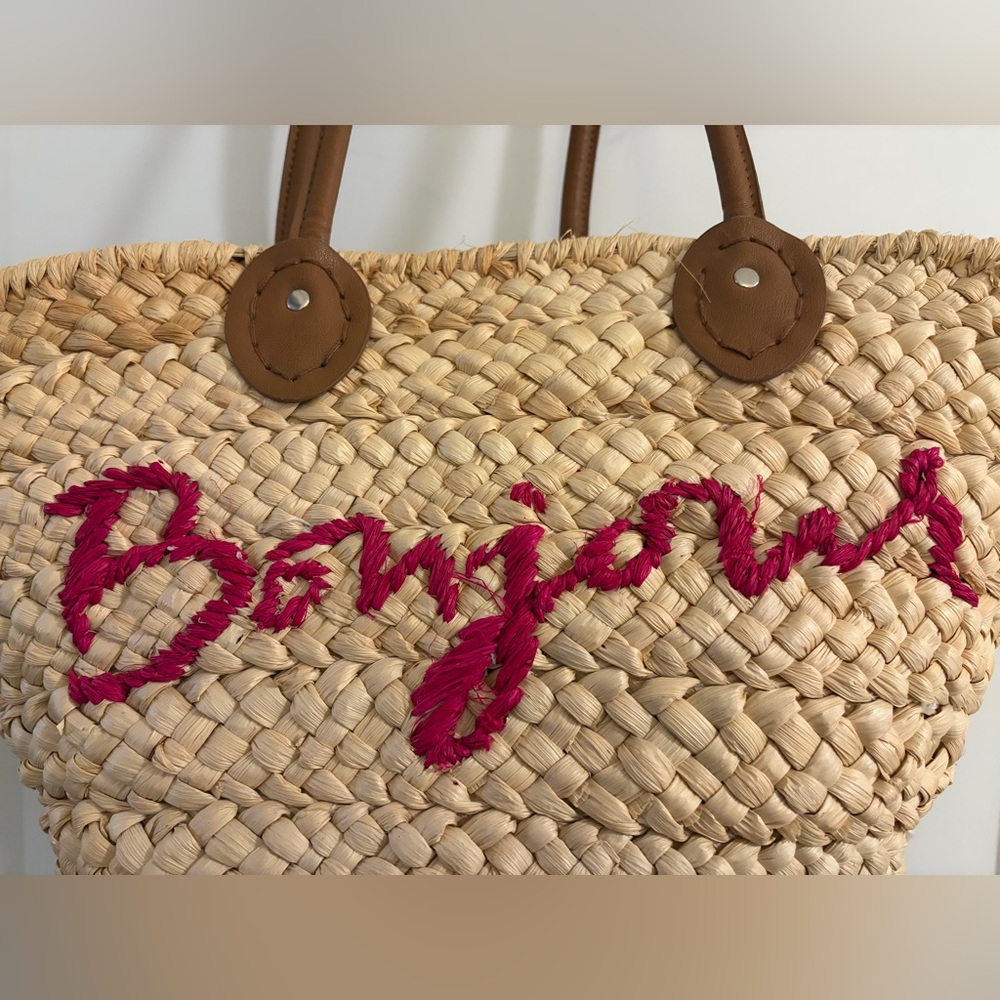 Womens Bonjour Handwoven Straw Tote Handbag Summer Beach Bag with Handles - Picture 3 of 5